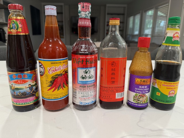 oyster sauce, shiracha, fishsauce, cooking wine, hoisin sauce, soy sauce